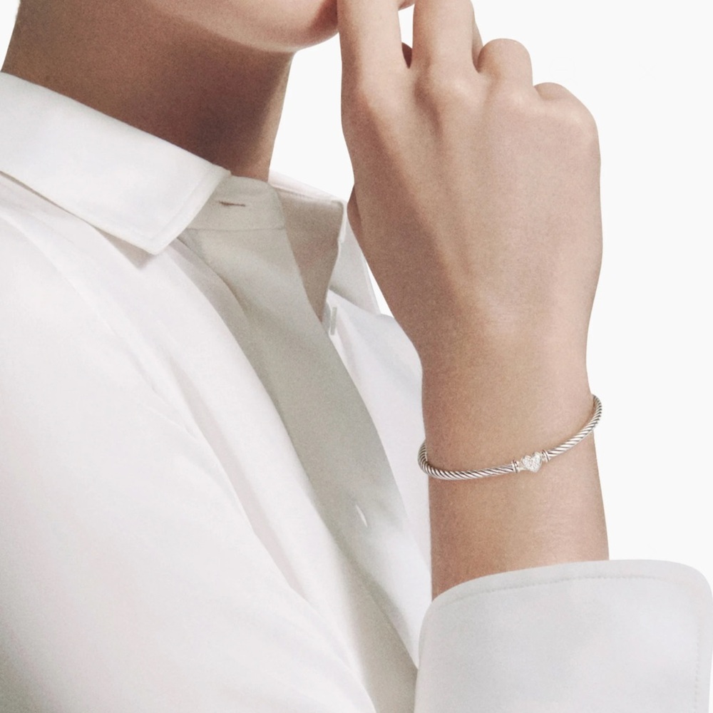 David Yurman Silver Cable Bracelet with Pavé Heart Accent